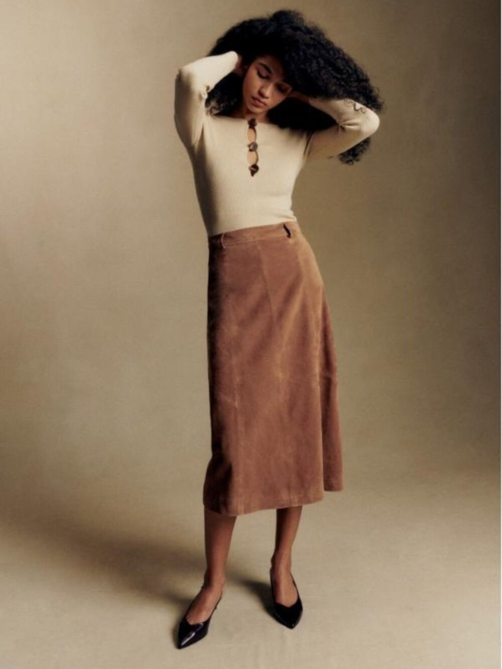 Sezane Meliora Skirt Camel Suede Leather Midi Size 6
